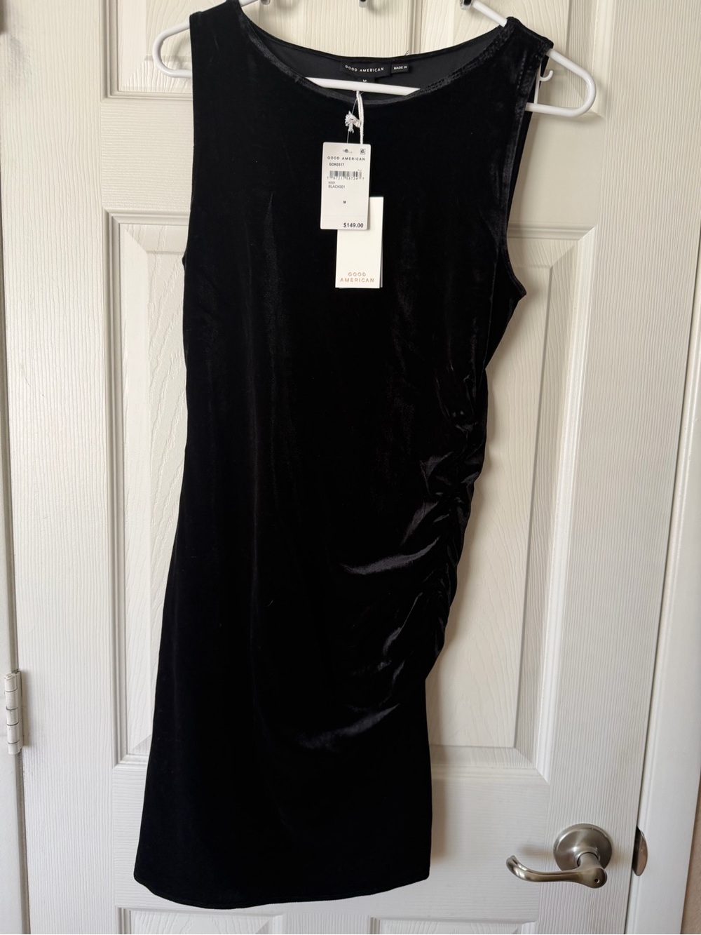 Good American Black Velvet Midi Sleeveless Ruched Dress - Picture 1 of 5